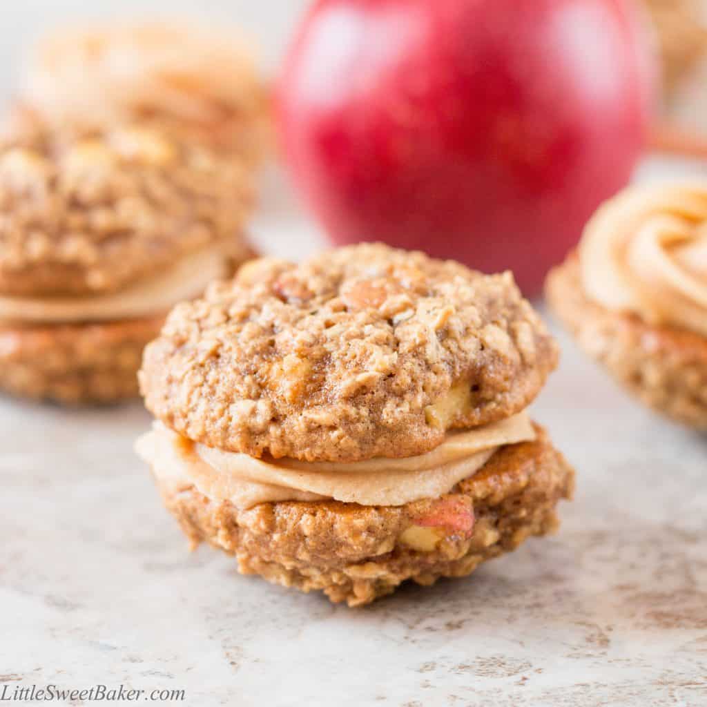 A creamy, sweet and salty peanut butter frosting sandwiched between two soft and chewy apple oatmeal cookies makes these whoopie pies absolutely irresistible.