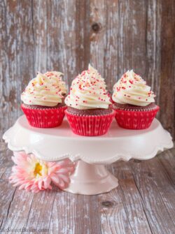 These red velvet cupcakes are as luxurious as they sound. They have a lovely chocolate vanilla flavor and are soft, moist and fluffy. The frosting is creamy, tangy and perfectly sweet.