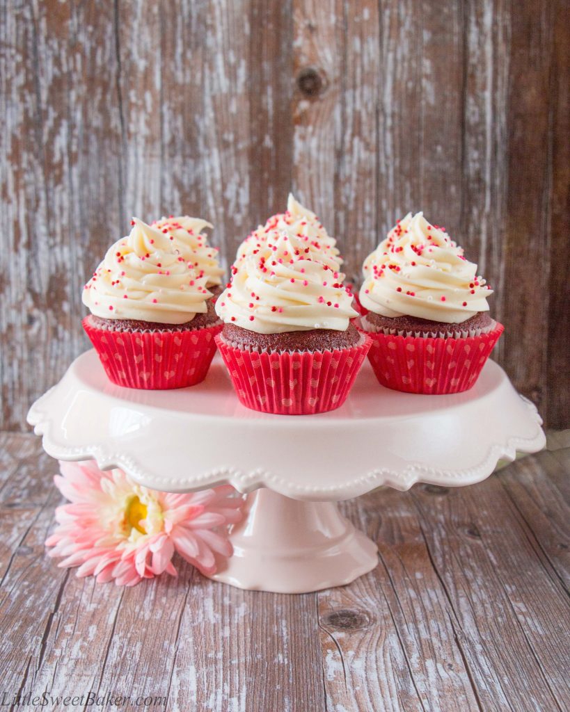 These red velvet cupcakes are as luxurious as they sound. They have a lovely chocolate-vanilla flavor and are soft, moist and fluffy. The frosting is creamy, tangy and perfectly sweet.