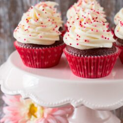 These red velvet cupcakes are as luxurious as they sound. They have a lovely chocolate vanilla flavor and are soft, moist and fluffy. The frosting is creamy, tangy and perfectly sweet.