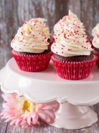 These red velvet cupcakes are as luxurious as they sound. They have a lovely chocolate vanilla flavor and are soft, moist and fluffy. The frosting is creamy, tangy and perfectly sweet.