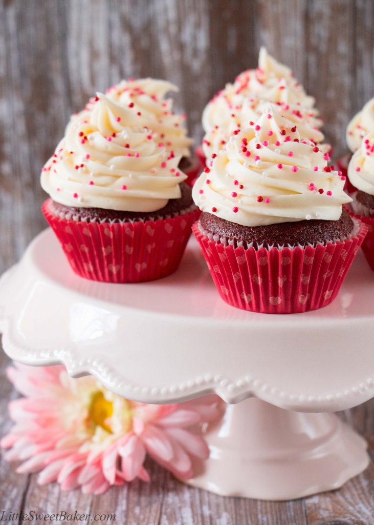 These red velvet cupcakes are as luxurious as they sound. They have a lovely chocolate-vanilla flavor and are soft, moist and fluffy. The frosting is creamy, tangy and perfectly sweet.