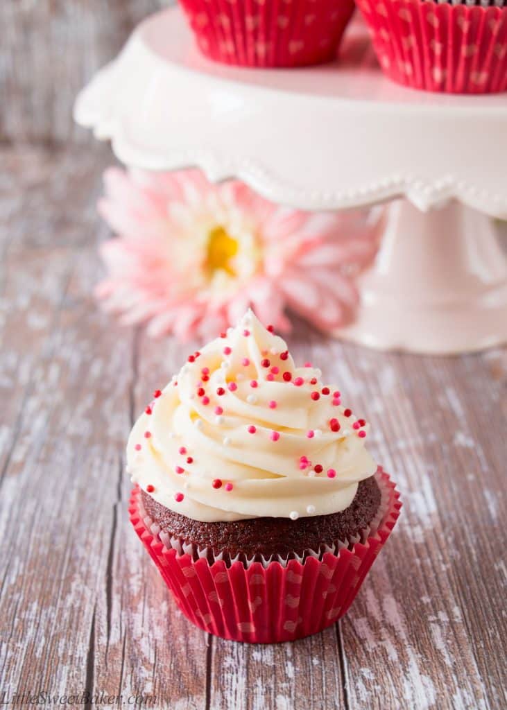 These red velvet cupcakes are as luxurious as they sound. They have a lovely chocolate-vanilla flavor and are soft, moist and fluffy. The frosting is creamy, tangy and perfectly sweet.