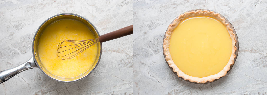 a picture collage of lemon pie filling in a saucepan and in a pie