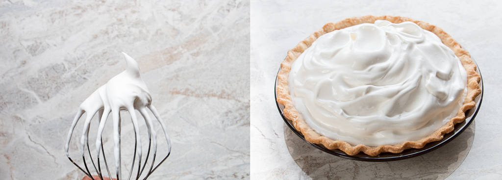 A picture of a stiff peak meringue on a whisk and on top of a pie