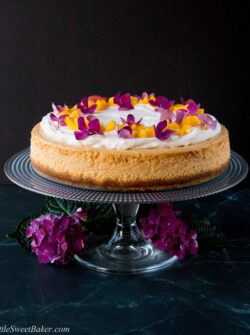 A soft and silky cheesecake with a light tropical flavor of fresh mangoes.