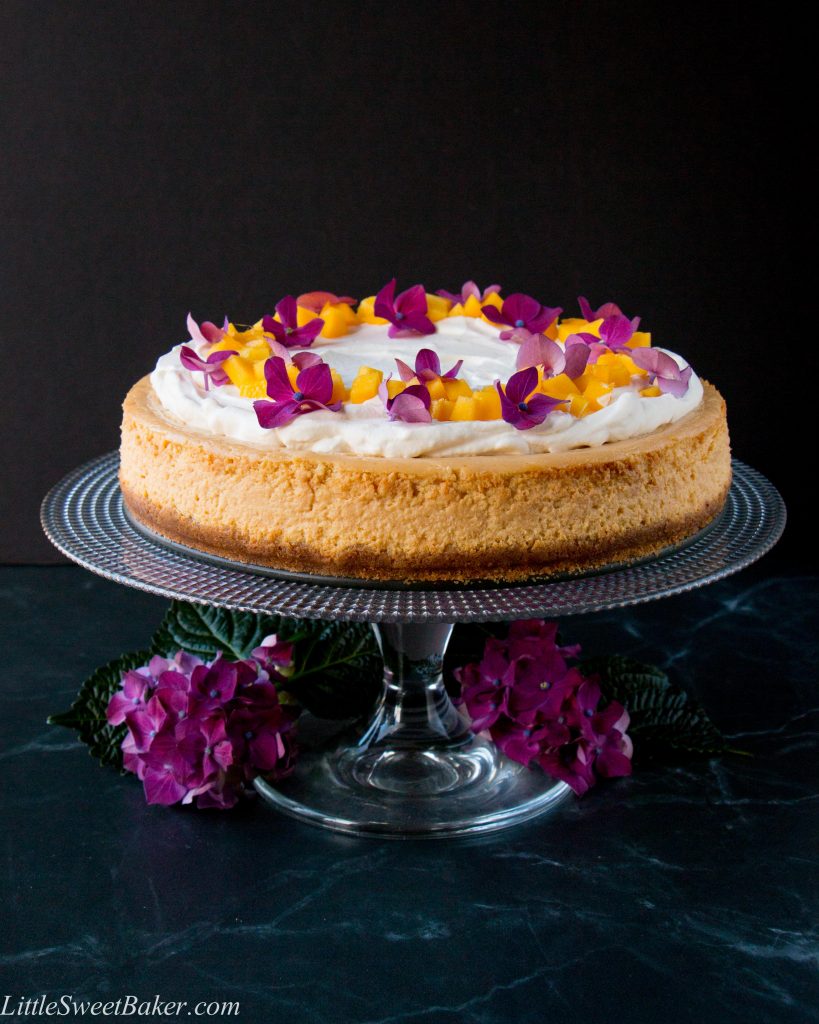 A soft and silky cheesecake with a light tropical flavor of fresh mangoes.