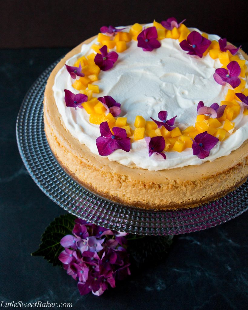 A soft and silky cheesecake with a light tropical flavor of fresh mangoes.