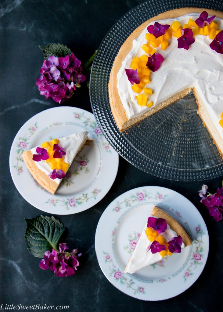 A soft and silky cheesecake with a light tropical flavor of fresh mangoes.
