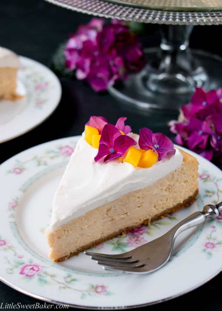A soft and silky cheesecake with a light tropical flavor of fresh mangoes.