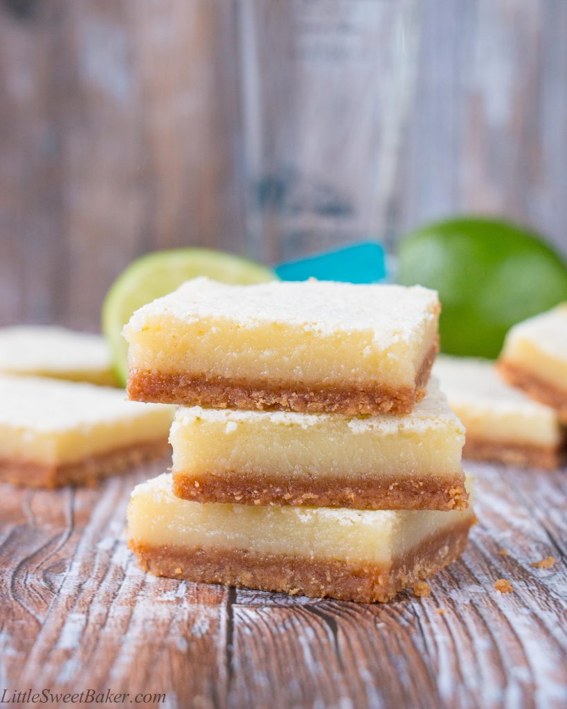 These zesty and sweet lime bars are to die for. They are bursting with a tangy lime taste and pack a punch of tequila flavor.