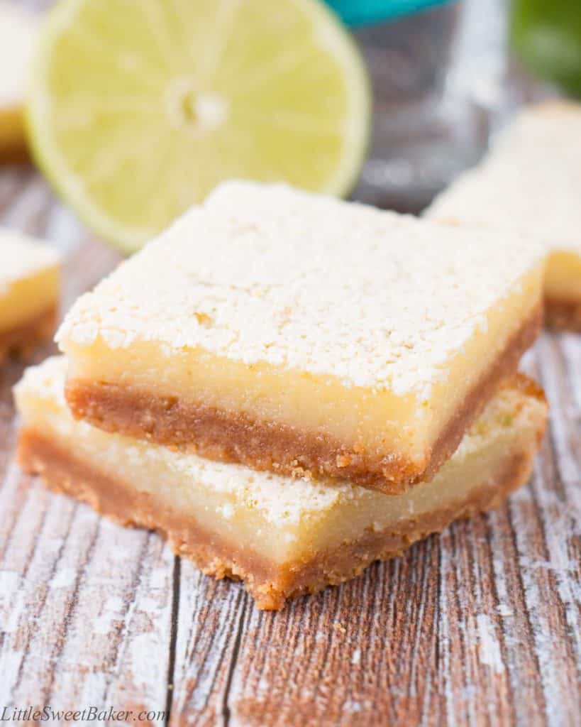 These zesty and sweet lime bars are to die for. They are bursting with a tangy lime taste and pack a punch of tequila flavor.