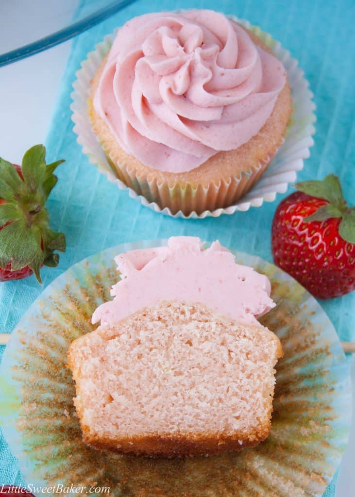 These moist and buttery vanilla cupcakes are soft pink in color and topped with a strawberry reduction buttercream. I made them for my best friend's baby shower and they were a hit!