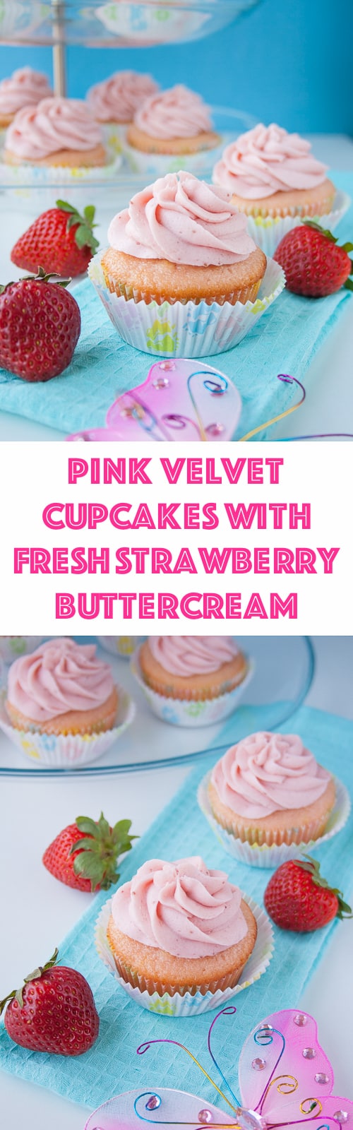 These moist and buttery vanilla cupcakes are soft pink in color and topped with a strawberry reduction buttercream. I made them for my best friend's baby shower and they were a hit!