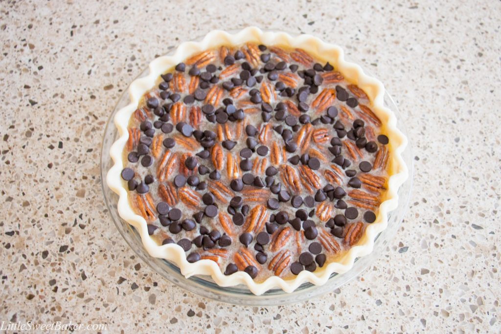 This recipe takes pecan pie and adds the intense flavor of bourbon and chocolate together in a sweet-gooey filling.