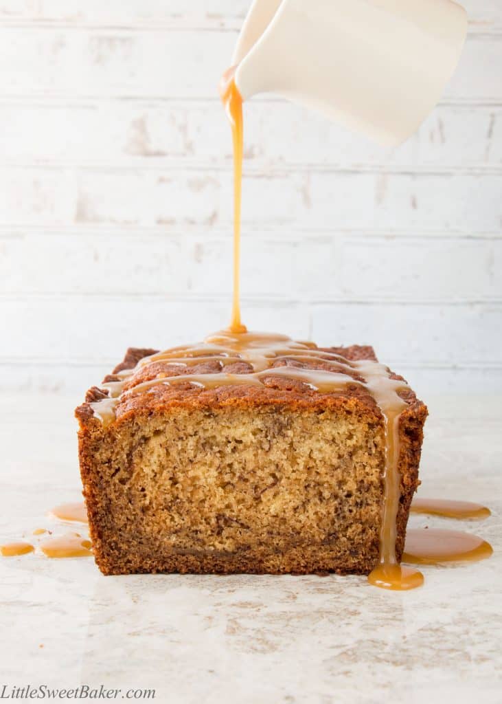 The flavor of salted caramel infused into a soft and moist banana bread, then drizzled with extra salted caramel sauce on top. It's banana bread heaven with a sweet sticky indulgence.