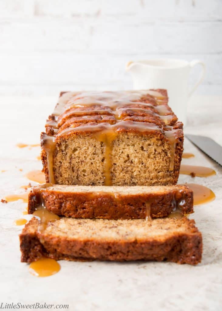 The flavor of salted caramel infused into a soft and moist banana bread, then drizzled with extra salted caramel sauce on top. It's banana bread heaven with a sweet sticky indulgence.