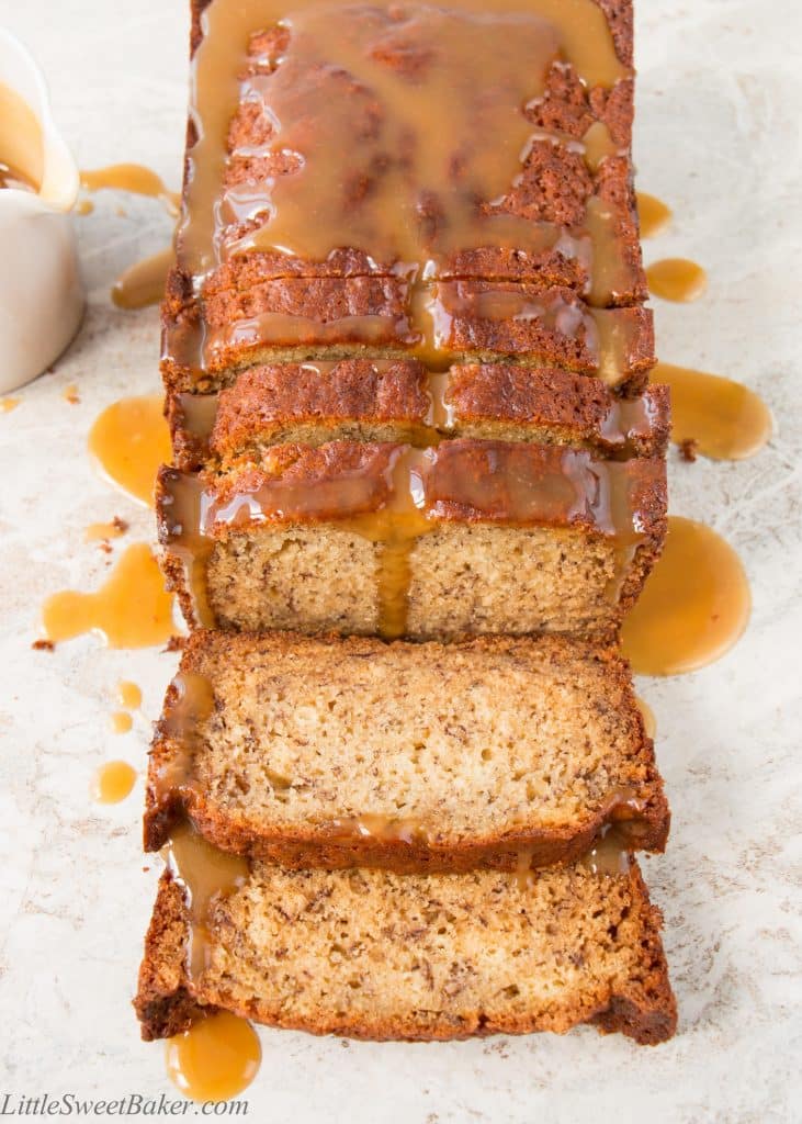 The flavor of salted caramel infused into a soft and moist banana bread, then drizzled with extra salted caramel sauce on top. It's banana bread heaven with a sweet sticky indulgence.