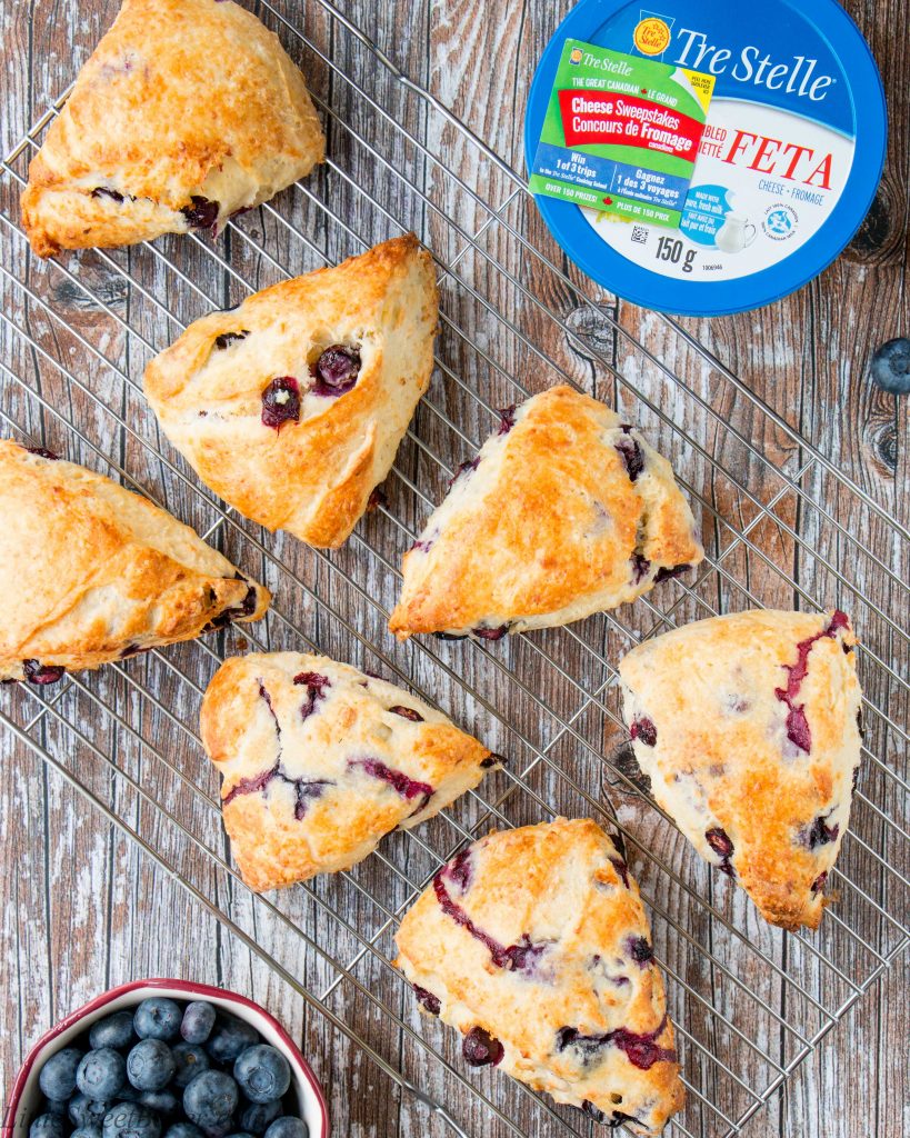 These sweet and savory scones are tender and buttery with the taste of creamy feta cheese and fresh blueberry goodness baked in.