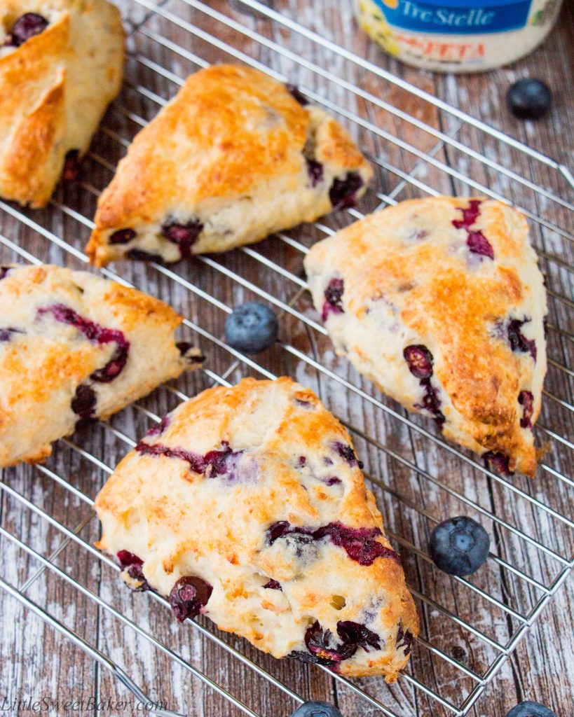 These sweet and savory scones are tender and buttery with the taste of creamy feta cheese and fresh blueberry goodness baked in.