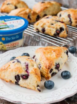 These sweet and savory scones are tender and buttery with the taste of creamy feta cheese and fresh blueberry goodness baked in.