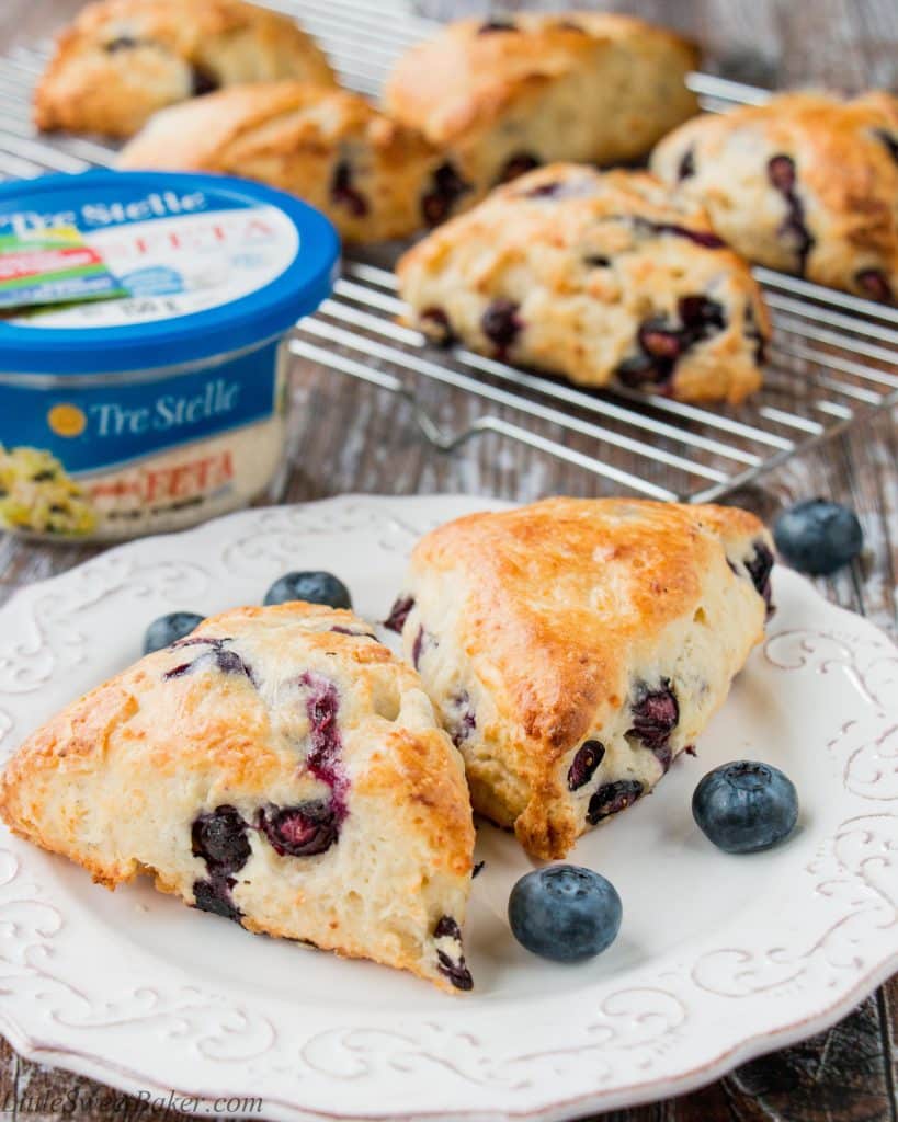 These sweet and savory scones are tender and buttery with the taste of creamy feta cheese and fresh blueberry goodness baked in.