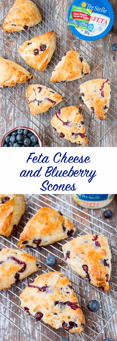 These sweet and savory scones are tender and buttery with the taste of creamy feta cheese and fresh blueberry goodness baked in.