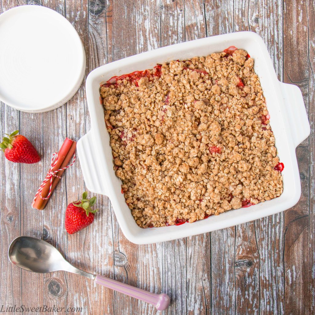 Sweet strawberries and tangy rhubarb topped with a cinnamon and brown sugar crunchy oat streusel.
