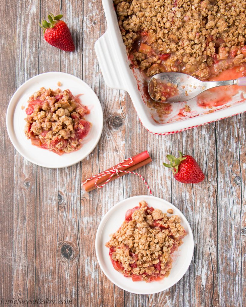 Sweet strawberries and tangy rhubarb topped with a cinnamon and brown sugar crunchy oat streusel.