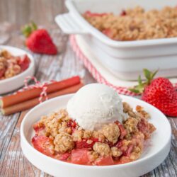 This easy dessert is a perfect pairing of sweet strawberries and tangy rhubarb topped with a blanket of crunchy oat streusel.