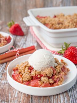 This easy dessert is a perfect pairing of sweet strawberries and tangy rhubarb topped with a blanket of crunchy oat streusel.