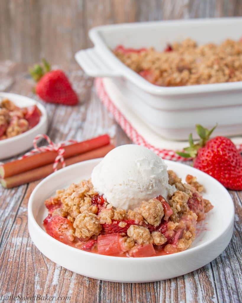 Sweet strawberries and tangy rhubarb topped with a cinnamon and brown sugar crunchy oat streusel.