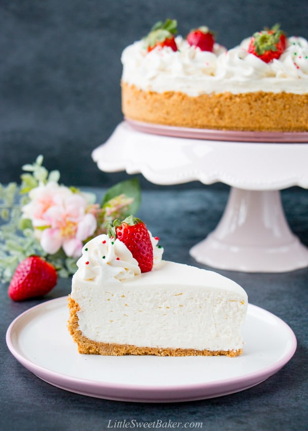 A slice of no-bake cheesecake on white and pink plate with the rest of the cake in the background.