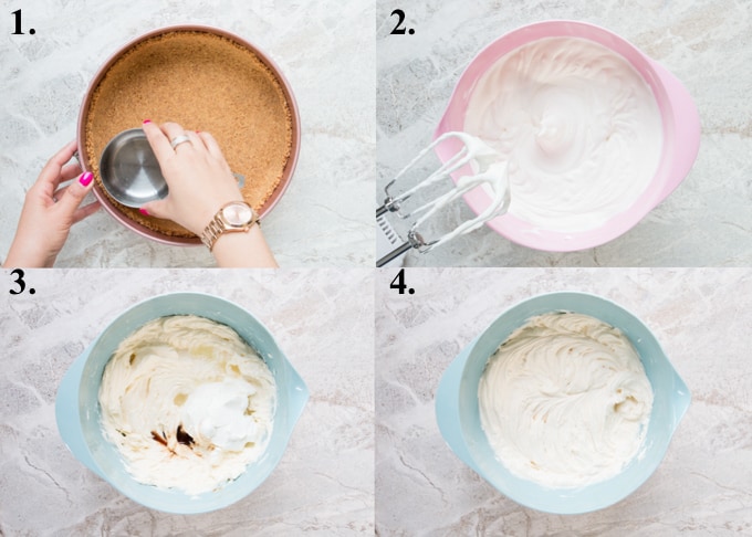 picture collage of how to make no-bake cheesecake