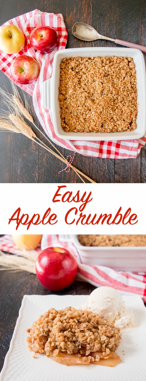 This quick and easy apple crumble is delicious, warm and comforting. Filled with tender baked apple slices and blanketed with a crunchy oat streusel.