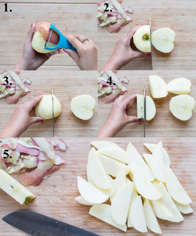 picture collage of how to cut an apple for apple crisp or pie