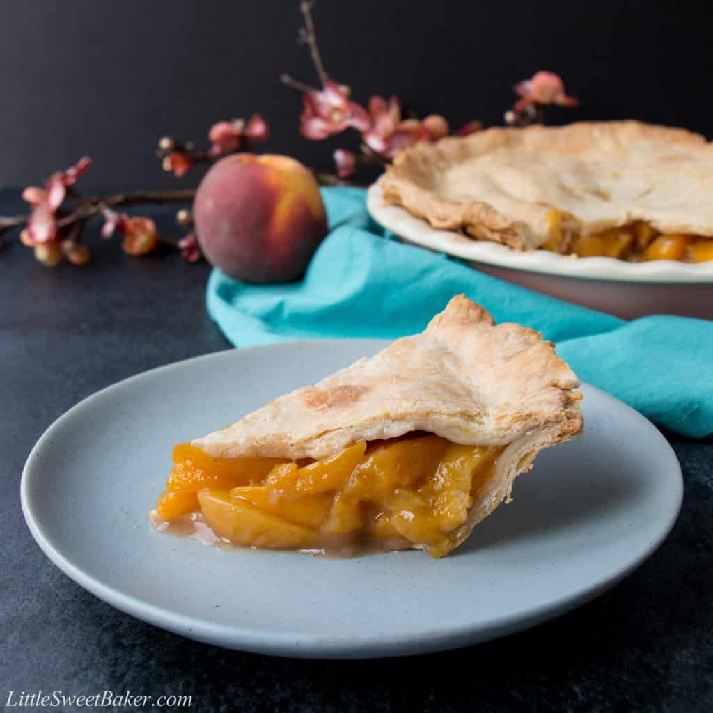 This easy peach pie has a rich-buttery pie crust and a simple peach filling. Use fresh or frozen peaches and enjoy this pie all year round.