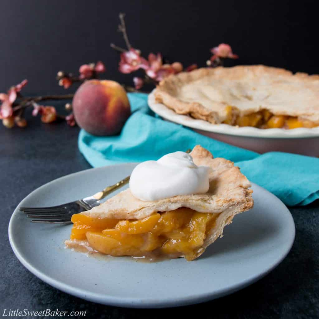 This easy peach pie has a rich-buttery pie crust and a simple peach filling. Use fresh or frozen peaches and enjoy this pie all year round.