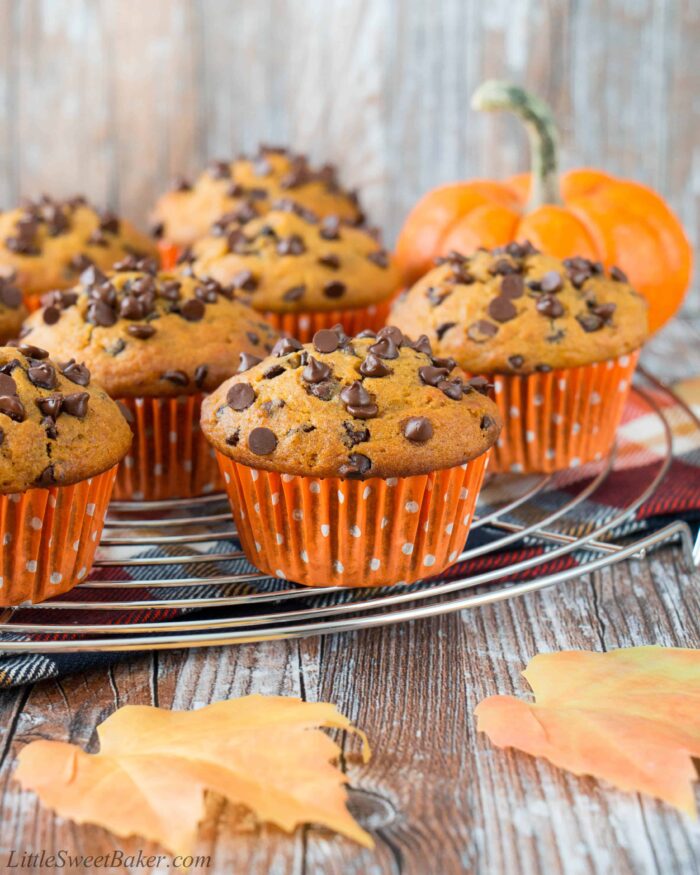 Pumpkin chocolate chip muffin in a cooling rack and plaid napkin.