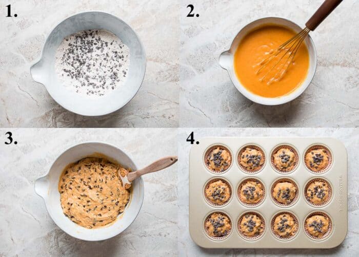 A picture collage of how to make pumpkin chocolate chip muffins.