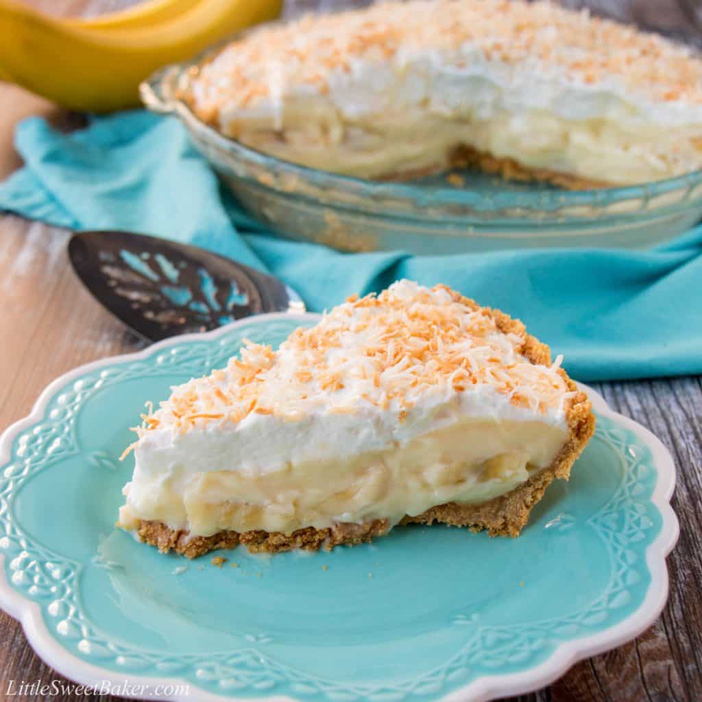 This amazing banana cream pie is made with a rich velvety-smooth homemade custard and it's lined with a honey graham cracker crust. Filled with delicious sweet slices of bananas and topped with fluffy whipped cream - it'a absolutely pie heaven! banana cream pie | best banana cream pie | easy banana cream pie | old-fashioned banana cream pie | homemade custard | coconut banana cream pie | graham cracker crust