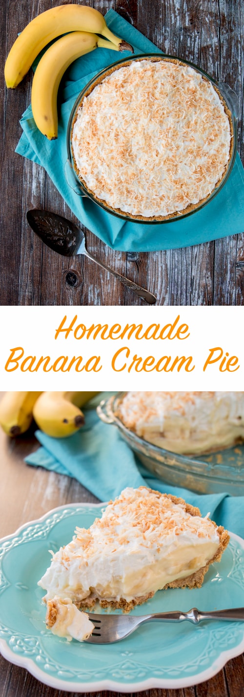 This amazing banana cream pie is made with a rich velvety-smooth homemade custard and it's lined with a honey graham cracker crust. Filled with delicious sweet slices of bananas and topped with fluffy whipped cream - it's absolutely pie heaven! banana cream pie | best banana cream pie | easy banana cream pie | old-fashioned banana cream pie | homemade custard | coconut banana cream pie | graham cracker crust