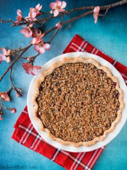 Enjoy this fabulous cherry pie all year round by using fresh, frozen or even jarred cherries with this easy and adaptable recipe. It's the best homemade cherry pie filling topped with a crunchy streusel topping and wrapped in a flaky pie crust. Cherry pie | sour cherry pie | best cherry pie | easy cherry pie | fresh cherry pie | cherry pie using frozen cherries