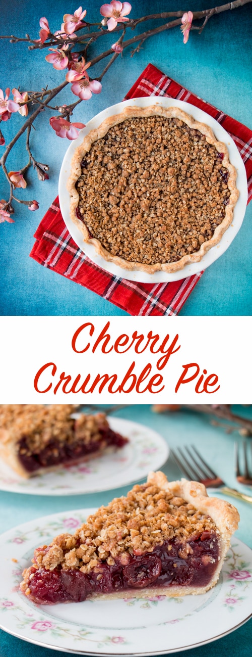 Enjoy this fabulous cherry pie all year round by using fresh, frozen or even jarred cherries with this easy and adaptable recipe. It's the best homemade cherry pie filling topped with a crunchy streusel topping and wrapped in a flaky pie crust. Cherry pie | sour cherry pie | best cherry pie | easy cherry pie | fresh cherry pie | cherry pie using frozen cherries