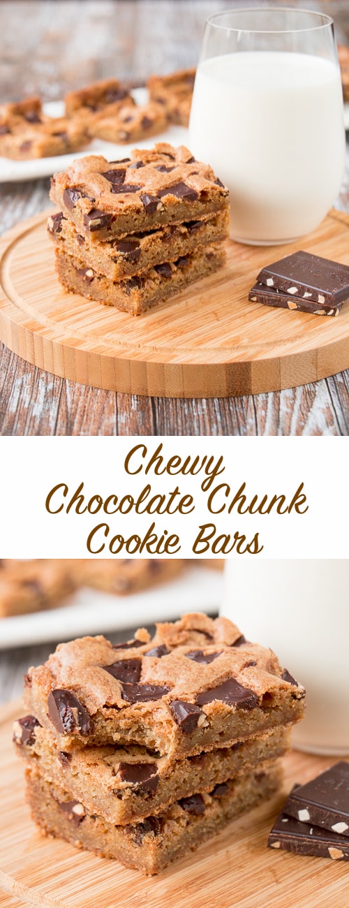 These chewy chocolate chunk cookie bars are so much easier to make than cookies. One bowl, one pan and done! #chocolatechipcookiebars #cookiebars #christmascookies #chocolatechunkcookies #chocolatechunkcookiebars
