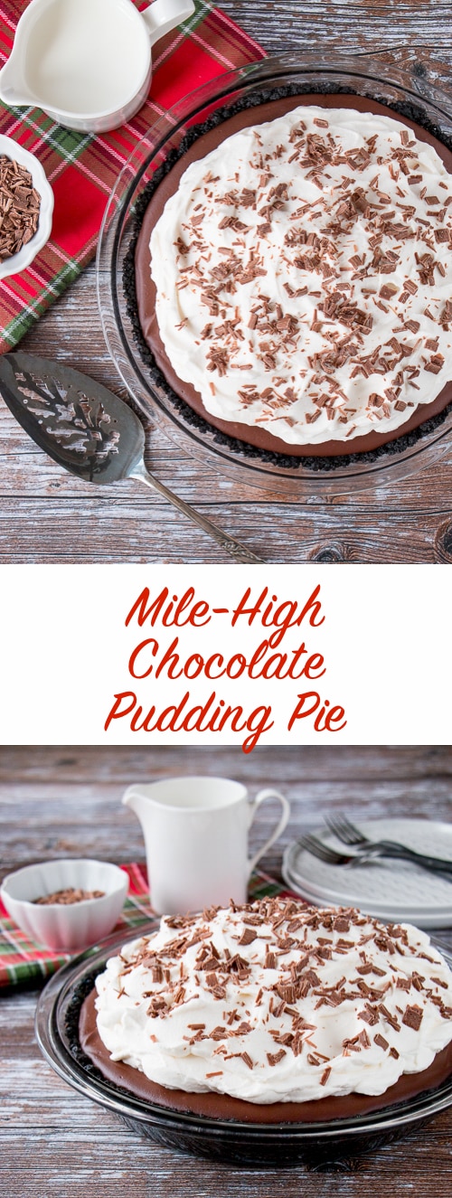 This chocolate pudding pie is made with a rich and silky homemade pudding over a chocolate cookie crust. It's topped with billowy clouds of whipped cream and sprinkled with chocolate shavings. #chocolatepuddingpie #easychocolatepuddingpie #bestchocolatepuddingpie #Thanksgivingdesserts #AD #milkcalendar