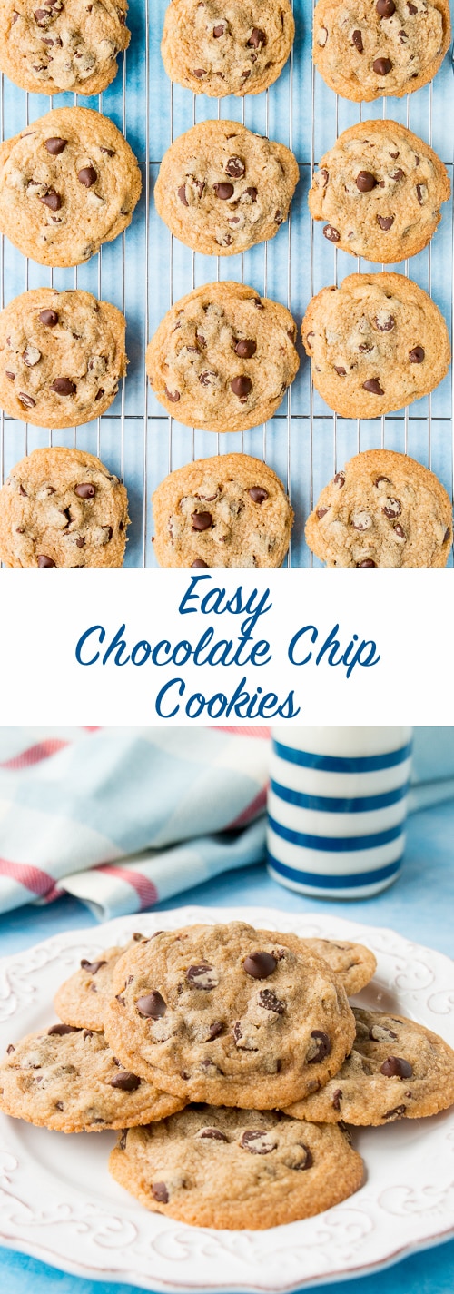 These ultra easy cookies is all made by hand and in one bowl. It only takes 10 mins to whip up these delicious chewy cookies and 10 mins to bake them - that's it! #chocolatechipcookies #easychocolatechipcookies #christmascookies #chewychocolatechipcookies