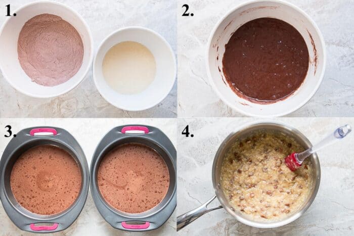 picture collage of how to make german chocolate cake and frosting