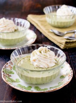 A silky-smooth green tea pudding topped with a sweet white chocolate whipped cream. #matchapudding #greenteapudding #chinesedessert #japanesedessert #matchagreentea