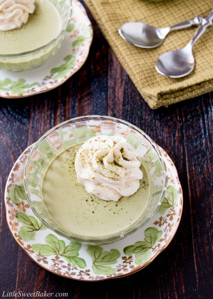 A silky-smooth green tea pudding topped with a sweet white chocolate whipped cream. #matchapudding #greenteapudding #chinesedessert #japanesedessert #matchagreentea